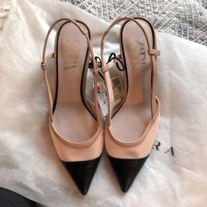 Zara Slingback Heels (NWT) - Black/Beige Mesh Kitten Heel Slingback - Size 37
